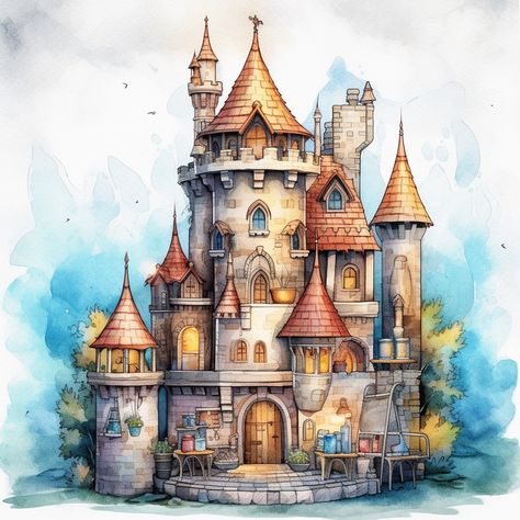 Fairytale House Drawing, Watercolour Fantasy Art, Fairytale Cottage Aesthetic, Fairy Tail House, Fairy Tale Pictures, Fairy Castles, Fairy Tale Aesthetic, Fairytale Drawings, Fantasy Clipart