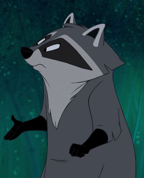 Meeko is a supporting character in Disney's 1995 animated feature film Pocahontas and its 1998 sequel. He is Pocahontas's pet raccoon with a love of food, especially John Smith's biscuits. Meeko is a raccoon and one of Pocahontas' animal friends. He is sly, very greedy and loves to steal from anybody. He is usually seen with either Flit or Percy. Flit finds him annoying, as does Percy. Pet Raccoon, Disney Images, Racoon, Animal Friends, Feature Film, Pocahontas, A Love, Biscuits, Disney