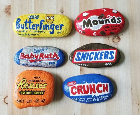 Set of 6 Hand Painted Candy Rocks Set 1 - Etsy Candy Rocks, Coloring Rocks, Fun Table Settings, Peanut Butter Crunch, Inspirational Rocks, Snickers Bar, Rocks Painted, Chocolate Coconut, Party Game