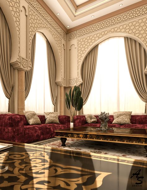 Arabic Majlis on Behance Arab Luxury Homes, Arab Bedroom Decor, Arabic Furniture Design, Arab House Interior, Arab House Design, Majlis Design Arabic Modern, Arab Interior Design, Arab Living Room, Arabic Majlis Design