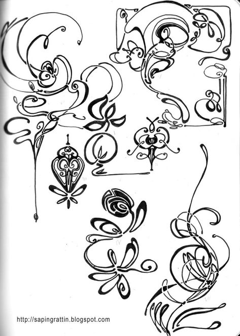 random line work Fleurs Art Nouveau, Art Deco Tattoo, Art Nouveau Tattoo, Motifs Art Nouveau, Nouveau Tattoo, Tattoo Line, Art Nouveau Pattern, Art Nouveau Flowers, Pola Sulam