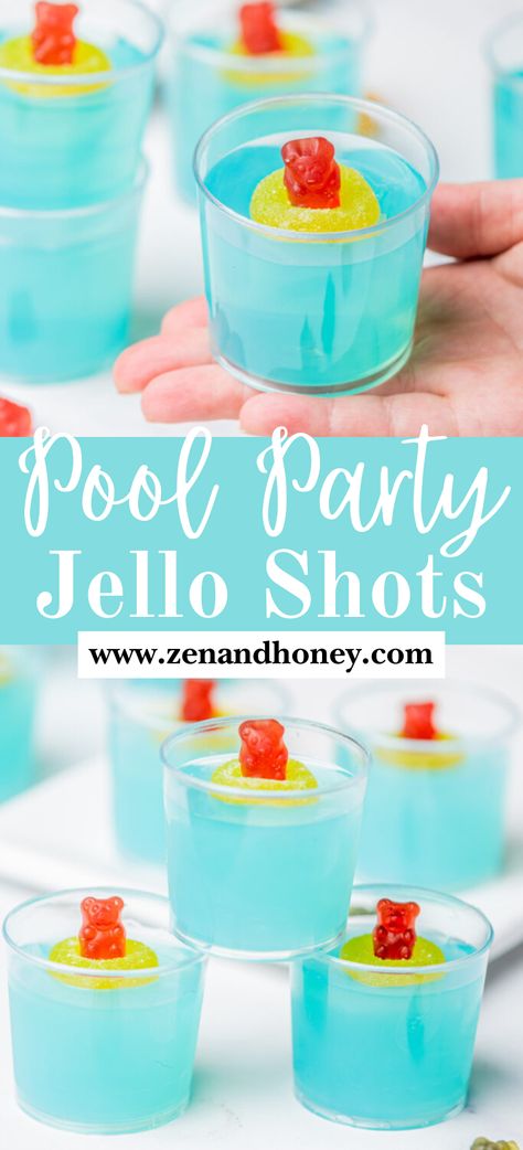 Hosting a pool party? Then you absolutely need to make these fun Pool Party Jello Shots! Made with coconut rum and fruit-flavored jello, and decorated with gummy bears and peach rings, they make the absolute best summertime jello shots recipe. Easy jello shots, summer jello shots, pool party jello shot, homemade jello shots, vodka jello shots, blue jello shots. Baseball Jello Shots, Jello Shots Blue, Pool Party Jello Shots, Party Jello Shots, Summer Jello Shots, Malibu Jello Shots, Mojito Jello Shots, Peach Gummies, Easy Jello Shots