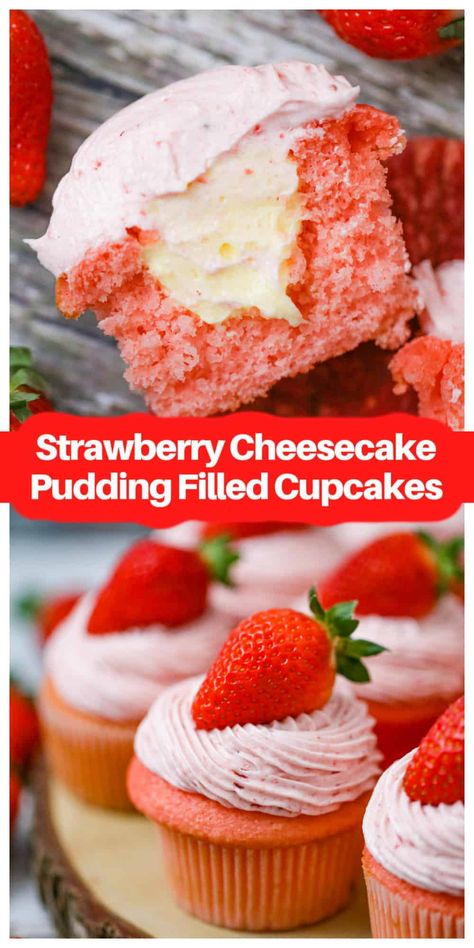 Ultimate Strawberry Cheesecake Pudding Filled Cupcakes - These festive and fluffy strawberry cupcakes are filled with an easy creamy cheesecake pudding and crowned with a fresh strawberry cream cheese frosting that is the ultimate treat! Everyone will go crazy over them, because who doesn’t love strawberries and cheesecake flavors together! #strawberry #cheesecake #strawberrycheesecake #cheesecakepudding #cupcakes #strawberryfrosting #strawberrycupcakes #partytreats Strawberry Cream Filling For Cupcakes, Pudding Mix Cupcakes, Cupcakes With Pudding Filling, Strawberry Cream Cheese Cupcakes, Strawberry Cupcakes With Filling, Pudding Filled Cupcakes, Filled Cupcake Recipes, Strawberry Cheesecake Pudding, Cupcake Filling Recipes