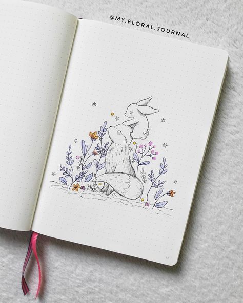 Fox And Bunny Drawing, Fox And Bunny Art, Fox Bujo Theme, Easter Bullet Journal, Bunny Journal, Fox And Flowers, August Bullet Journal Cover, Bujo Pages, Flower Bullet Journal Theme