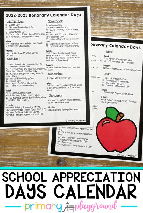 School Appreciation Days Calendar - Primary Playground School Appreciation Days 23-24, School Appreciation Days, American Education Week, Primary Playground, National Volunteer Week, Activities Director, September School, Preschool Prep, School Date