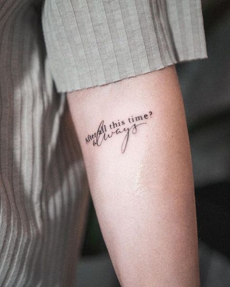 Tattoos On Inside Of Elbow, Ridikkulus Tattoo, After All This Time Always Tattoo Ideas, Harry Potter Micro Tattoo, Harry Potter Tattoos Fine Line, Harry Potter After All This Time Tattoo, Girly Harry Potter Tattoo, Harry Potter Friendship Tattoos, Harry Potter Rib Tattoo