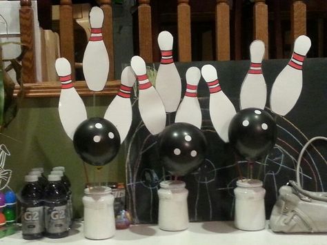 bowling party decor. center pieces. kids bowling party. Bowling Party Centerpiece Ideas, Bowling Senior Night Ideas, Bowling Decor, Bowling Decorations, Bowling Centerpieces, Kids Bowling Party, Bowling Wedding, Bowling Ideas, Bowling Party Favors