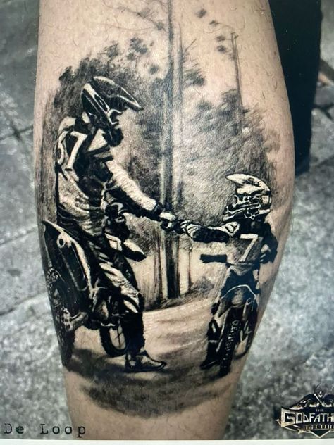 Father Son Tattoo Ideas, Rich Tattoo, Motocross Tattoo, Dirt Bike Tattoo, Son Tattoo Ideas, Father Son Tattoo, Predator Helmet, Son Tattoo, Bike Tattoos