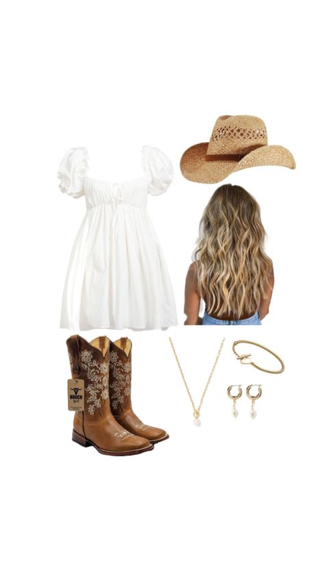 Apple Picking Outfit Summer, Megan Moroney Concert Outfits, Country Club Outfit, Apple Picking Outfit, Dresses With Cowboy Boots, Country Concert Outfit, Spirit Week, Country Concerts, Outfit Layout