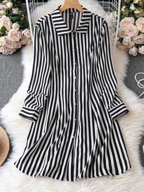 Vertical Lines Dress Design, Black And White Dress Outfit Formal, Black And White Striped Dress Outfit, Long Tops For Girls, White Striped Dress Outfit, Gf Birthday, Black And White Shirt Dress, Long Shirt Outfits, Striped Dress Outfit