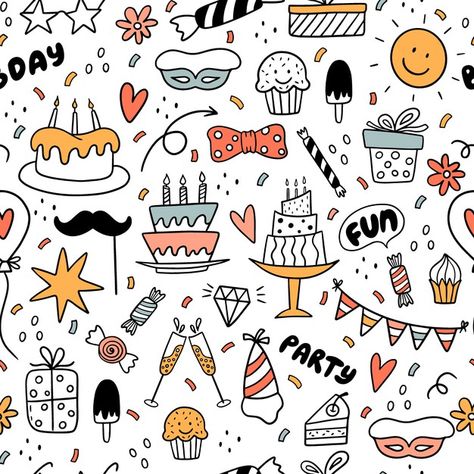 Birthday Pattern Wallpaper, Happy Birthday Pattern, Bday Background, Embroidered Journal, Doodle Cake, Colorful Doodles, Sun Cake, Birthday Pattern, Handmade Wrapping Paper