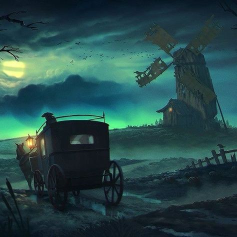 Fantasy Carriage Art, Windmill Fantasy Art, Fantasy Carriage, Carriage Drawing, Carriage Illustration, Old Carriage, Moon Story, The Legend Of Sleepy Hollow, Horror Photos