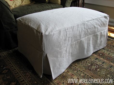 Simple Ottoman Slipcover with corner pleats using canvas dropcloth; no welting Diy Ottoman, Ottoman Slipcover, Upholstery Diy, Sectional Slipcover, Ottoman Coffee, Ottoman Cover, Cube Ottoman, Ottoman Coffee Table, Upholstered Ottoman