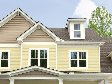 Sherwin Williams Yellow Exterior, Yellow Siding Color Schemes Exterior, Yellow Exterior House Colors, Exterior Paint Sherwin Williams, Exterior Stain Colors, Yellow House Exterior, Exterior Paint Schemes, Exterior Stain, Exterior Paint Colors For House