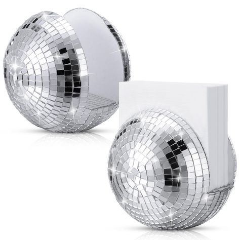 PRICES MAY VARY. Pack Include: you will get 2 disco ball napkin holders feature a classic disco ball design with mirror wrapped around the sphere; When sunlight or party lights hit these napkin holders, they produce a cool and dazzling light show; Tips: the sequins of the disco ball napkin holder are hand pasted and may fall off during transportation; You can use glue to stick the sequins back on Quality Material: the mirror disco ball napkin dispenser is handcrafted out of foam on the inside an Disco Party Decorations Table, 70 Disco Party Decorations, Backyard Disco Party, Disco Napkins, Disco Ball Engagement Party, Disco Glam Party Decorations, Disco Balls Decor, Disco Ball Design, Disco Ball Decorations