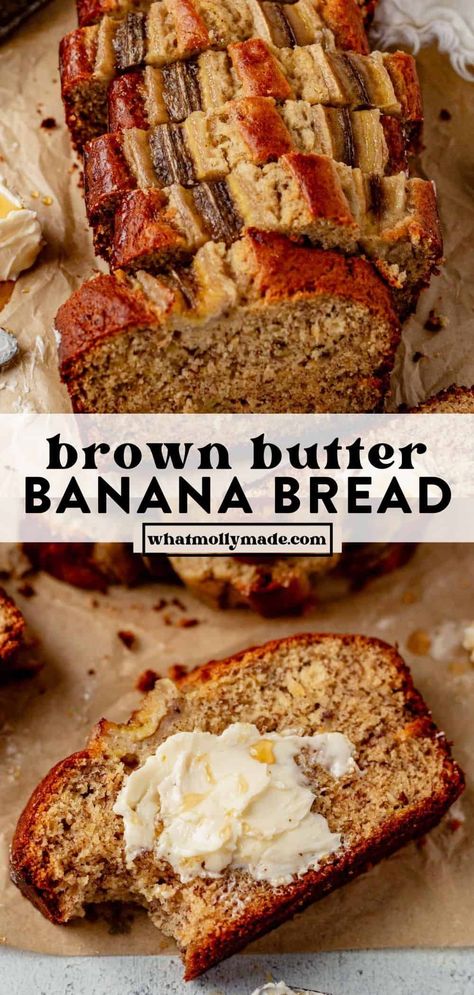 This brown butter banana bread features a soft crumb and moist texture. The brown butter gives it a rich and nutty flavor you can’t get anywhere else, while the sugar and banana give it a sweet flavor we all love in classic banana bread. You�’ll need about 3 large overripe bananas! Sticky Banana Bread, Bourbon Banana Bread, Brown Butter Banana Bread, Brown Sugar Banana Bread, Rich Banana Bread, Banana Recipes Overripe, Coconut Banana Bread, Ripe Banana Recipe, Butter Banana Bread