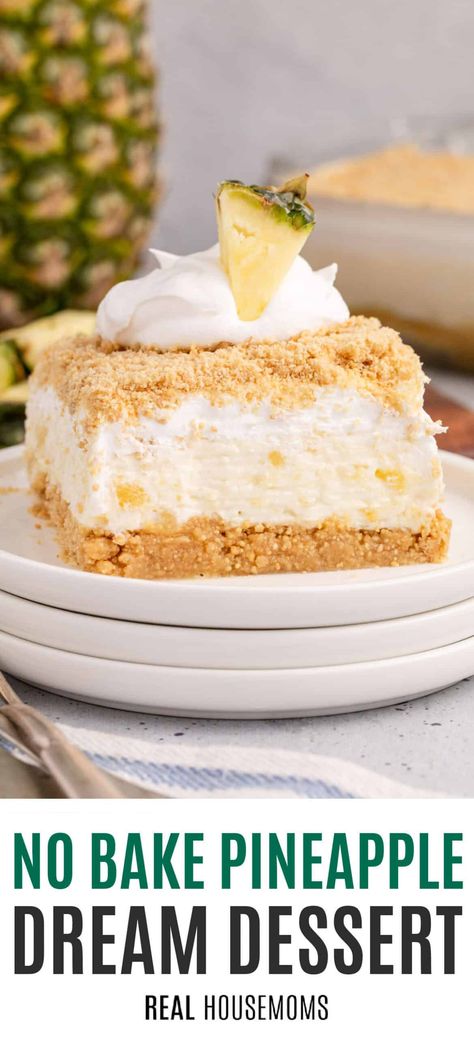 Layers of rich and creamy pineapple and cream cheese make a No Bake Pineapple Dream Dessert so refreshing and the perfect summer treat! #Realhousemoms #nobake #pineapple #dreamdessert #dessert #summertime #summertreat #grilling #potluck #memorialday #4thofjuly upside-down cake mixed into a yummy whipped cream and coconut cloud! #Realhousemoms #pineappleupsidedownfluff #pineapple #fluff #upsidedowncake #whippedcream #dessert #grilling #bbq #summertime Pineapple Cloud Cake, No Bake Pineapple Dream Dessert, No Bake Pineapple Cheesecake, Pineapple And Cream Cheese, Pineapple Dream Cake, Upside Down Desserts, Hawaiian Dessert, Coconut Sheet Cakes, Pineapple Fluff