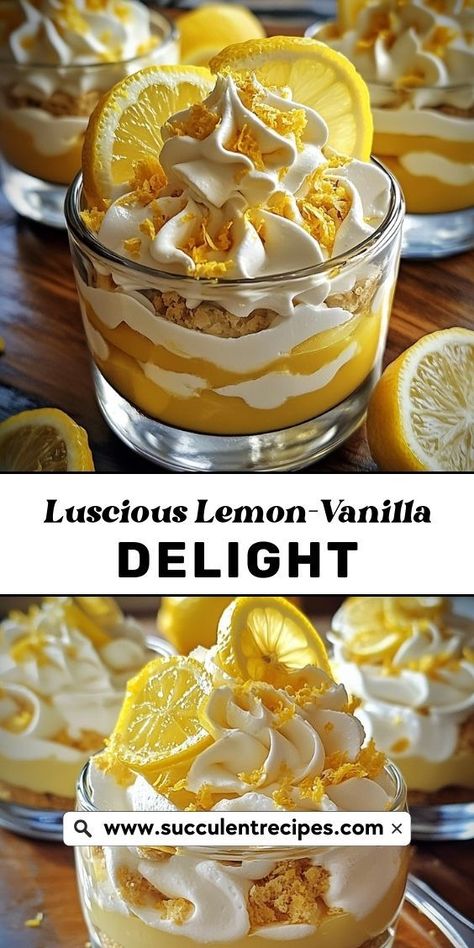 The refreshing lemon paired with smooth vanilla makes this Luscious Lemon-Vanilla Delight a beautifully balanced dessert. A delightful way to finish any meal with a burst of citrus and sweetness! Yogurt Mousse, Delicious Holiday Desserts, Citrus Desserts, Pudding Parfait, Lemon Mousse, Dessert Spread, Lemon Flavor, Yogurt Parfait, Vanilla Pudding Mix