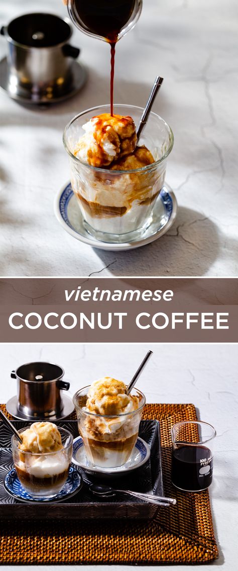 This coconut coffee is a popular drink in cafés all over Vietnam. It’s a blended coconut slushy made with coconut cream, sweetened condensed milk, and ice that gets topped with some Vietnamese coffee. Drink To Make At Home, Coconut Milk Coffee, Vietnamese Coffee, Ice Milk, Coconut Coffee, Coffee Mix, Coconut Ice Cream, Brewed Coffee, Coffee Ice Cream