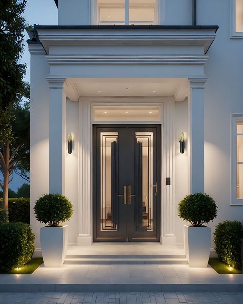 Working on a proposal for a Surrey Home. A glimpse of formal front porch , blending classical elegance with a modern twist. Would you like to enter your future home? #FrontPorch #SurreyHomes #ClassicalDesign #ModernTwist #HomeInspiration #LuxuryLiving #ArchitecturalDesign #DreamHome #ElegantEntrance #HomeDesign #ExteriorDesign #BespokeHomes #FutureHome #DesignExcellence Luxury Houses Entrance, Yard Remodel, Dream Villa, Facade Architecture Design, Classic Doors, Entrance Door Design, Door Design Interior, التصميم الخارجي للمنزل, Door Designs