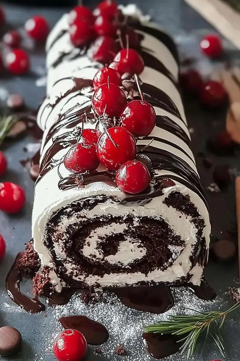 Heavenly Black Forest Roll Cake Holiday Cake Rolls, Chocolate Cherry Roll Cake, Black Forest Roll Cake, Christmas Swiss Roll Cake, Christmas Swiss Roll Cake Pattern, Black Forest Swiss Roll, Chocolate Cherry Swiss Roll, Chocolate Swiss Cake Roll, Swiss Roll Cakes