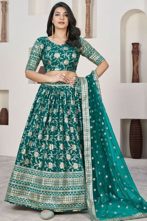 Rama Green Dola Jacquard Lehenga Choli with Net Dupatta Rama Green Lehenga, Green Lehenga Choli, Lehenga Style Saree, Bridal Lehenga Online, Readymade Salwar Kameez, Lehenga Choli Wedding, Cotton Salwar Kameez, Crepe Saree, Indian Salwar Kameez