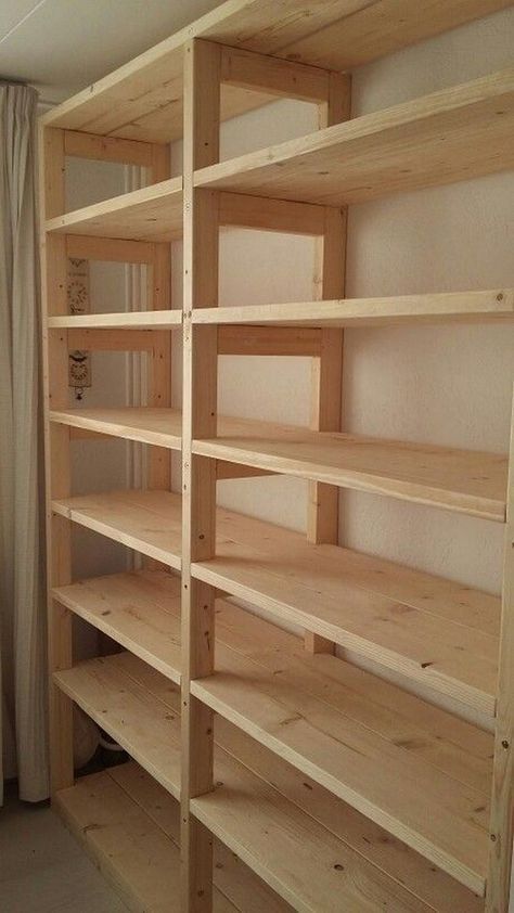 2x4 Shelving Diy, Garage Storage Shelving Ideas, Kitchen Storage Islands, Canning Shelving Ideas, Minimalist Office Storage, Canning Storage Shelves, Canning Shelves, Garage Kasten, Garage Storage Hacks