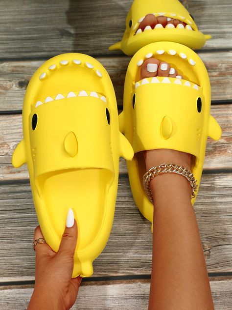 Yellow Preppy Collar   Cartoon Slides Embellished   Women Shoes Preppy College Style, Cute Casual Shoes, Shark Shoes, Cute Flip Flops, Shark Slippers, Crocs Fashion, Preppy Shoes, Cute Slippers, Women Slides