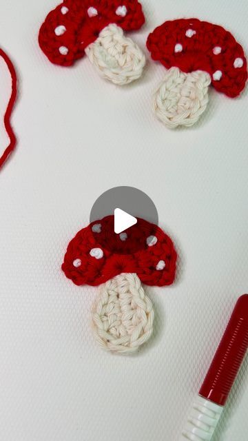 Olena | Jolly Lizard | Crocheter 𖧹  Designer on Instagram: "🍄 Crochet Mushroom Appliqué Pattern 🍄  • Written pattern below • Full video tutorial on my YouTube channel (link in bio)  Yarn: Hobbii Friends Cotton 8/8 Hook: 3.5 mm or E size  PATTERN:  Step 1: Stem  • Start by making a chain of 6. • Slip stitch into the second loop from the hook. Make 2 single crochets, 1 half double crochet. Then 5 double crochets into the last loop. • Work on the opposite side with 1 half double crochet, 2 single crochets, and a slip stitch to finish.  •Fasten off.  Step 2: Cap  • Attach red yarn to the top of the stem and work 5 single crochets. • Chain 3 (not counting as a stitch), turn your work, make 2 double crochets into each stitch across, finishing with one double crochet in the joining stitch. • F Crochet Mushrooms, Crocheted Toys, Crochet Mushroom, Red Yarn, Applique Pattern, Half Double Crochet, Size Pattern, Slip Stitch, My Youtube Channel