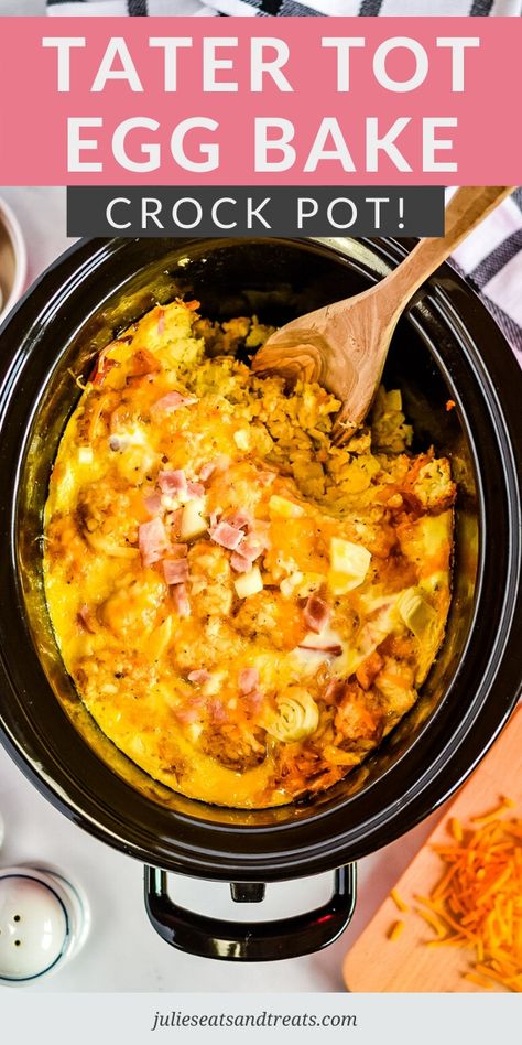 Want to make an egg bake for Sunday morning without the hassle or maybe a brunch? Crock Pot Tater Tot Egg Bake is the perfect option. Layers of Tater Tots, Ham, Eggs, Cheese and more make this the best breakfast casserole ever! #breakfast #casserole Tator Tot Casserole Breakfast Crock Pot, Crock Pot Egg Bake, Crockpot Breakfast Recipes, The Best Breakfast Casserole, Breakfast Bakes, Tater Tot Breakfast Casserole, Crockpot Breakfast Casserole, Breakfast Crockpot Recipes, Best Breakfast Casserole