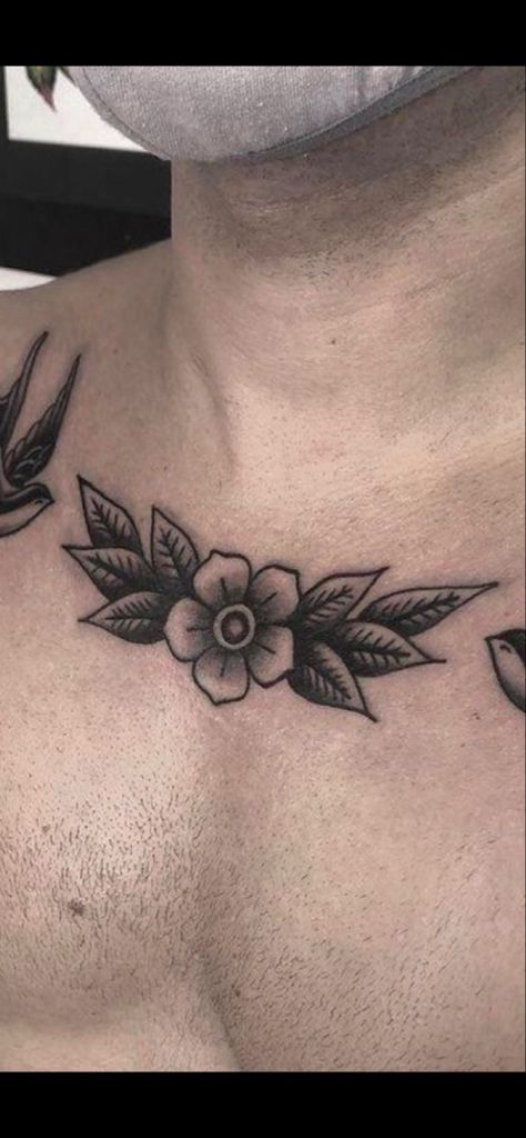 American Tradition Chest Tattoo, Old School Chest Tattoo Men, Collar Bone Tattoo Traditional, Center Chest Tattoo Men, Traditional Collar Bone Tattoo, Chest Flower Tattoo, American Traditional Chest Tattoo, Flower Tattoo Men, Chris Tattoo