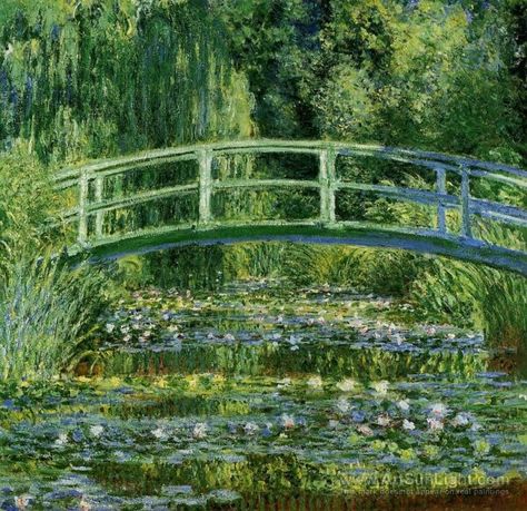 Vincent van gogh painting of waterlilies under a bridge Pond Bridge, Bridge Drawing, Japanese Bridge, Claude Monet Water Lilies, Bridge Painting, Claude Monet Paintings, Claude Monet Art, Water Lily Pond, Monet Art