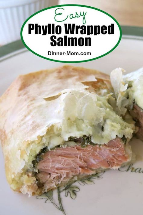 Phyllo Wrapped Salmon, Salmon Phyllo Dough Recipes, Salmon Filo Pastry Recipes, Fish In Phyllo Pastry, Salmon In Phyllo Pastry, Phyllo Salmon, Filo Recipes, Salmon With Pesto, Filo Dough