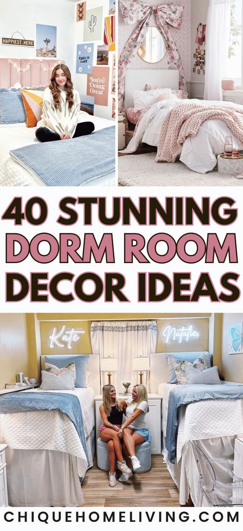 Elevate your dorm room with style and personality using these "40 Stunning Dorm Room Decor Ideas." This curated collection offers a diverse range of design inspirations, catering to different tastes and preferences to transform your dorm space into a personalized haven. Sophisticated Dorm Room, Glam Dorm Room Ideas, Door Room Ideas, Pastel Dorm Room Ideas, Southern Dorm Room, College Dorm Bedding Ideas, Feminine Dorm Room, Girl Dorm Room Ideas, Dorm Room Bedding Ideas