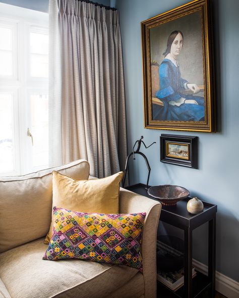 A little glimpse into our recently completed sitting room project where Atelier Konte has had the pleasure of designing custom curtains and curating an array of accessories to complement the existing yellow sofa. We opted for the elegant and soothing Farrow & Ball shade, Parma Grey, on all walls and ceiling, which completely transformed the overall aesthetic of the room. Parma Grey Farrow And Ball, Parma Grey, Blue And Yellow Living Room, Yellow Sofa, Yellow Living Room, Paint Colours, Living Room Design, Living Room Grey, Custom Curtains