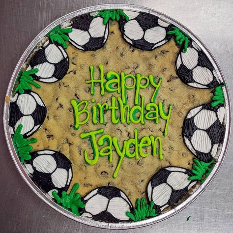 Soccer Cookie Cake, Sports Birthday Cookies, Sports Cookie Cake, Soccer Ball Cookies Decorated, Cookie Cake Birthday Designs Boy, Soccer Cookie Cake Ideas, Happy Birthday Cookie Cake Designs, Soccer Cookies, Soccer Birthday Cakes