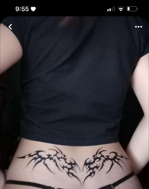 Succubus Back Tattoo, Collarbone Tattoo Grunge, Cool Lower Back Tattoos, Zzz Tattoo, Tattoo Near Crotch, Low Back Tattoo Women, Lower Stomach Tattoo, Low Back Tattoo, V Line Tattoos