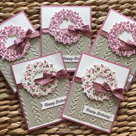 #wondrouswreath #wonderfulwreathframelits #birthdaycards #cableknitembossingfolder #ribbon December Birthday Cards, Wondrous Wreath, Wreath Cards, December Birthday, Spring Cards, Stampin Up Christmas, Stamping Up Cards, Winter Cards, Sugar Plum