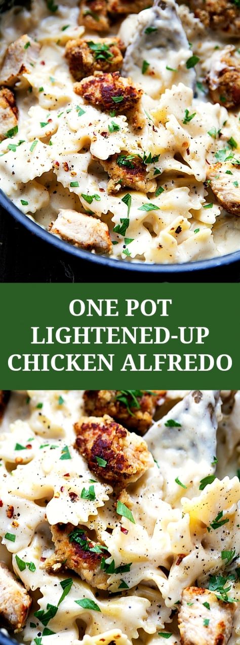 One Pot lighter chicken alfredo pasta with chicken Chicken Parmesan Alfredo, Alfredo Chicken, Alfredo Bake, Low Calorie Chicken, Pasta With Chicken, Chicken Alfredo Pasta, Alfredo Recipe, Alfredo Pasta, Recipe Chicken