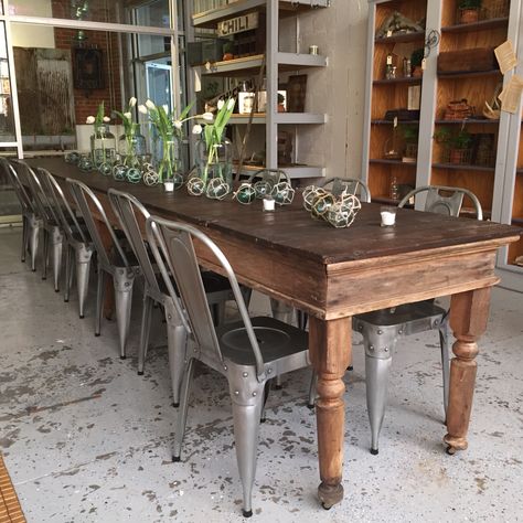 Best table ever!! Narrow Farmhouse Table, Thanksgiving Dining Room Decor, Thanksgiving Dining Room, Narrow Dining Tables, City Farmhouse, Farmhouse Dining Room Table, Woodworking Desk, Woodworking Cabinets, Intarsia Woodworking