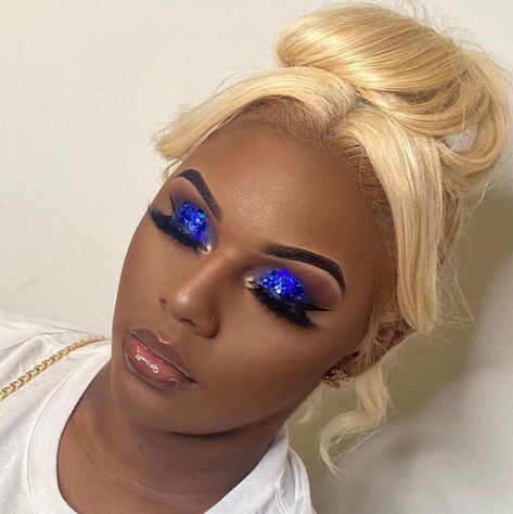 Royal Blue And Gold Makeup Looks Black Women, Blue Gold And White Makeup, Blue And Gold Makeup Looks Black Women, Royal Blue Glam Makeup, Royal Blue Prom Makeup Look, Blue Glitter Makeup Looks, Navy Blue Makeup Looks Black Women, Blue And Silver Makeup Looks Black Women, Blue Rhinestone Makeup