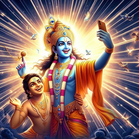 Lord Shri Krishna taking selfie with his Devotee Lord Krishna With Devotee, Krishna And Devotee, Wallpaper Bhagwan, Krishna With Devotee, Lord Shri Krishna, Saraswati Picture, Krishna Devotee, Sacred Feminine Art, Shree Hari