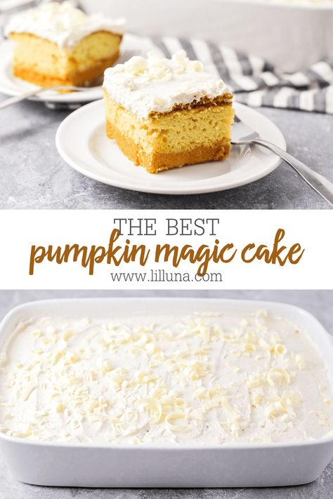 Pumpkin and yellow cake are topped with white chocolate pumpkin spice frosting in this seasonally scrumptious pumpkin magic cake! #magicpumpkincake #pumpkincake #cake #pumpkin #falltreats Magic Pumpkin Cake Recipe, Pumpkin Pie Magic Cake, Pumpkin Layered Magic Cake, Pumpkin Spice Magic Custard Cake, Pumpkin Layer Cake With Mascarpone Frosting, Layered Pumpkin Dessert, Pumpkin Magic Cake, Pie Spice Recipe, Pumpkin Cake Recipes