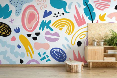 Liven up your interior with an abstract colorful shapes mural. It is a perfect solution for a temporary application since it works like a sticker - just peel and stick. You can also easily remove it when needed. All photo murals are printed on strips with a slight overlap for easy installation! ✈️ FREE EXPRESS SHIPPING WORLDWIDE ✈️ How to purchase a Geometric triangle print removable mural? 1. Measure the area you want to cover with photomural. 2. Check if any of our standard size photomurals ma Shapes Wallpaper, Kindergarten Wallpaper, Photo Mural, Nursery Wallpaper, Mural Wall Art, Wall Bar, Wall Patterns, Abstract Wallpaper, Abstract Shapes