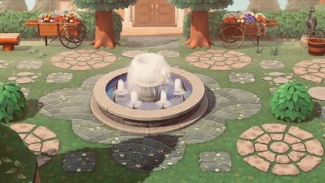 Best ACNH Fountain Design Ideas - Animal Crossing Water Fountain Decoration Tips & Fountain Recipe Urban Island, Animal Crossing Guide, Animal Crossing Wild World, Fountain Design, Lion Dog, Garden Animals, Stone Path, Classic Garden, New Animal Crossing