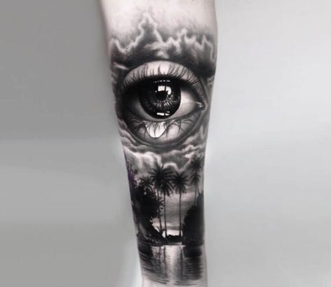 Tattoo photo - Eye and sunset tattoo by Dominik Hanus Eye Tattoo Realistic, Strand Tattoo, Casino Tattoo, Sunset Tattoo, Mangas Tattoo, Tattoo Eye, Skull Hand Tattoo, Best Tattoo Ever, Lion Tattoo Sleeves