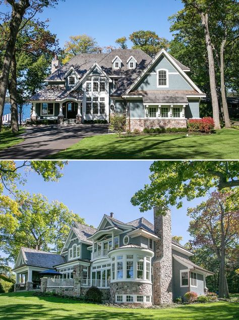 Lakeside Cottage Living - Lake Geneva, Wisconsin New England House Exterior, Dream Lake House, Cottage Mansion, Shingle Style Architecture, Castle House Plans, New England House, Windsor House, Slope House, Ocean Front Homes