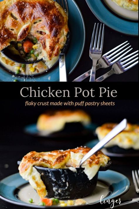 Chicken Pot Pie Puff Pastry Frozen Vegetables, Pot Pie With Puff Pastry, Pie With Puff Pastry, Puff Pastry Chicken, Easy Chicken Pot Pie Recipe, Creamy Chicken Pot Pie, Chicken Pot Pie Filling, Homemade Chicken Pot Pie, Puff Pastry Crust