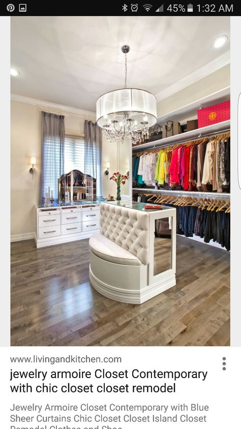 I need that bench/jewelry armour thing in the middle Organiser Son Dressing, Contemporary Closet, Closet Island, Bedroom Wardrobe Design, Dressing Room Closet, Walk In Closet Design, Closet Remodel, Closet Decor, Bedroom Closet Design