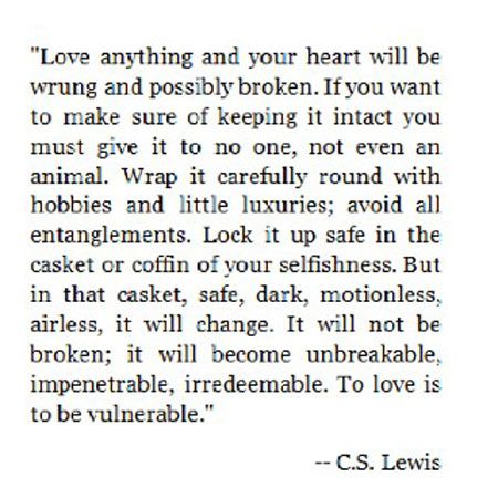 To love at all is to be vulnerable. Love anything, and your heart will certainly be wrung and possibly broken. If you want to make sure of keeping it intact, you must give your heart to no one, not even to an animal Cs Lewis Quotes, F Scott Fitzgerald, C S Lewis, Cs Lewis, Heart Warming, Oscar Wilde, Wonderful Words, Quotable Quotes, About Love